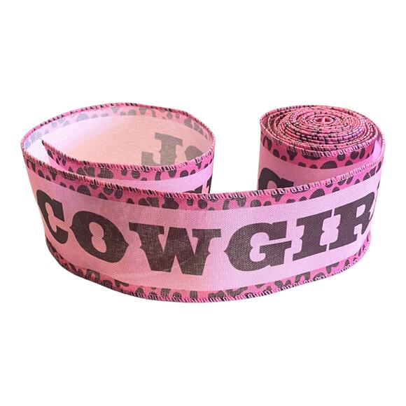 Pink Cowgirl Wired Ribbon – 2.5” x 3 Yards – Leopard Print Western Craft Supply - Picture 1 of 4